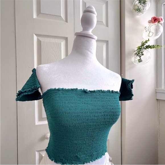 Tops - Teal off shoulder smocked crop top